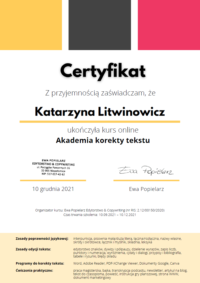 certfikat Akademii Korekty Tekstu
